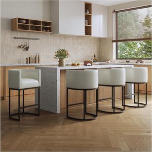 26" Modern Kitchen Counter Height Bar Stools,PU Leather Upholstered Barrel Barstools Covers with Backs,Island Chairs Bar Stools Set of 4 with Metal Black Frames,Pearl White Leather