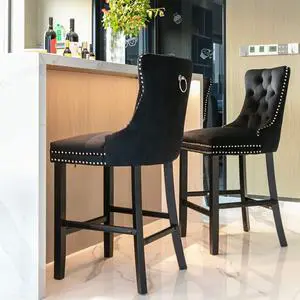 Rhomtree Velvet Bar Stools Modern Upholstered Bar Chairs 27'' Seat Height with Button Tufted Solid Wood Legs Counter Stools for Home Bar Dining Room Kitchen (Black, Set of 2)