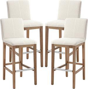 chairus Bar Stools Set of 4 Fabric High Bar Stool Chair, Linen Upholstered Barstools with Solid Wood Legs and Back for Kitchen Island Breakfast, 30" Khaki Stripe