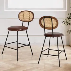 Okeysen Rattan bar Stool, Indoor Leather Bar Stools Set of 2, Counter Height Bar Stools with Metal Leg & Rattan Backrest, Armless Dining Room Chairs for Kitchens Island