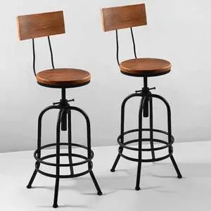 LOKKHAN Industrial Bar Stool-26-32 Inch Adjustable Swivel Round Wood Metal Kitchen Stool Rustic Farmhouse Counter Height Extra Tall Bar Height Stool-Arc-Shaped Backrest,Welded,Set of 2