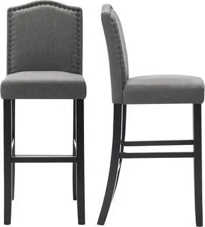 LSSBOUGHT Bar Stools Set of 2, 29 Inch Upholstered Fabric Barstool with Back Solid Wood Legs Nail Head, Bar Chairs for Home Kitchen Island Dinning Room, Grey