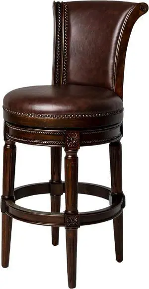 Maven Lane Pullman 31 Inch Tall Counter Height Upholstered Barstool with Back in Dark Walnut Finish with Vintage Brown Vegan Leather Cushion Seat