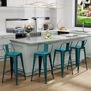 Aklaus Metal Bar Stools Set of 4 Barstools Bar Height Bar Stools with Back Industrial Bar Stool Indoor Outdoor Stools Kitchen Dining Chairs Modern Bar Chairs Distressed Teal Blue 30inch Stools