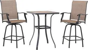 PHI VILLA 3 PCS Patio Swivel Bar Sets Textilene High Bistro Sets with 2 Outdoor Bar Stools and 1 Square Bar Table, Brown