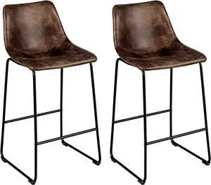 COSTWAY Bar Stools Set of 2, Vintage Faux Leather Suede Chairs with Metal Legs, Back and Footrest, 30" Height Stools for Kitchen Island, Pub, Dining Room, Brown