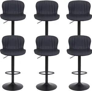 Bar Stools Set of 6 - Modern Faux PU Leather Counter Height Barstools with Back, 17.72" Large Base, Height Adjustable, Swivel, Armless Kitchen Island Chairs, Black