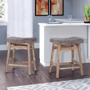 Solid Wood Bar Stools Set of 2 for Kitchen Counter Height Barstools with Fabric Saddle Seat Farmhouse Rustic Upholstered Stools for 34"-38" Counter Island, Grey Cushion & Wood Legs