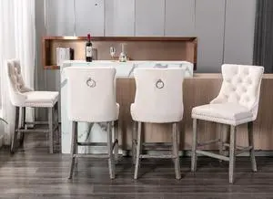 Rhomtree Velvet Bar Stools Modern Upholstered Bar Chairs 27'' Seat Height with Button Tufted Solid Wood Legs Counter Stools for Home Bar Dining Room Kitchen (Beige, Set of 4)