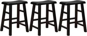 eHemco Heavy-Duty Solid Wood Saddle Seat Kitchen Counter Height Barstools, 24 Inches, Black, Set of 3