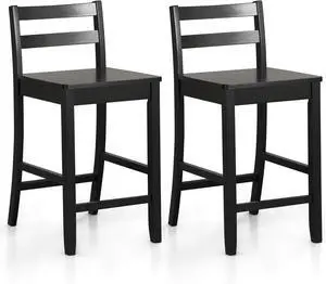 COSTWAY Wooden Bar Stools Set of 2, 24-Inch Counter Height Stools with Ergonomic Backrest & Footrest, Farmhouse High Dining Chairs for Kitchen Island, Pub, Cafe (2, Black)