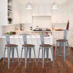 HAOBO Home 26" High Back Metal Counter Stools Height Bar Stools Chairs Industrial with Wooden Seat [Set of 4] Barstools, Silver