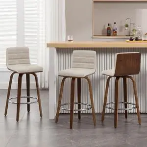 Bar Stools Set of 3 Swivel Bar Stools with Backs, 29 Inch Bar Height Upholstered PU Leather Barstool, L Shape Back, Padded Seat, Mid-Century Modern Bar Stool Chairs for Kitchen Island, Griege