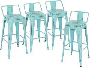 Yongqiang Metal Bar Stools with Back Set of 4 Barstools Chairs Bar Height Stools with Wooden Seat 30" Distressed Green-Blue