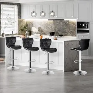 ZENY Adjustable Swivel Bar Stools Set of 4, Counter Height Bar Stools with Back, PU Leather Shell Back Tall Stools Set, Modern Armless Bar Chairs, Black