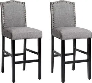 COSTWAY Bar Stools Set of 2, Bar Height Dining Side Barstools, w/Thick Cushion, Linen Surface, Nailhead Trim, Rubber Wood Legs, High Leisure Chairs for Living Room, Kitchen, Dining Room, Gray