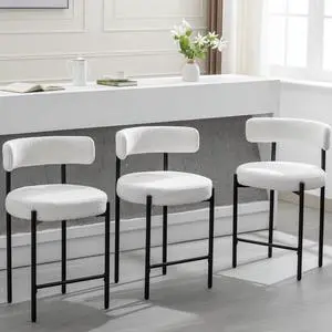 Counter Height Bar Stools, 24'' White Bar Stools Set of 3, Boucle Counter Stools with Back, Mid-Century Modern Bar Stools for Kitchen Island, Dining Room