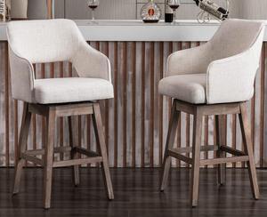 Kmax 28" Fabric Counter Height Bar Stools Swivel Farmhouse Bar Stools with Wood Legs Open Back Footrest for Kitchen Island, Set of 2- Cream