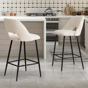 27 Boucle Bar Stools Set of 2, Upholstered Counter Height Stools with Open Back, Modern Barstools for Kitchen Island, Home Pub, Beige