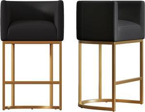 26" Modern Kitchen Counter Height Bar Stools,PU Leather Upholstered Barrel Barstools Covers with Backs,Island Chairs bar stools Set of 2 with Metal Gold Frames,Black Leather