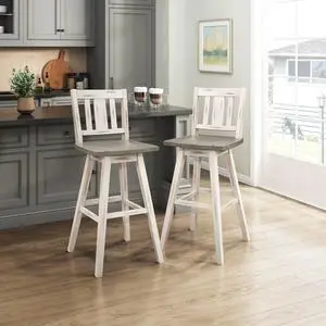 Swivel Pub Bar Height Stools Set of 2, Modern Solid Wood Kitchen Bar Height Stools with Backs, High Back, Swivel Seat, Footrest for Kitchen Island, Easy Assembly, Vertical Slat Back, 29" SH, White
