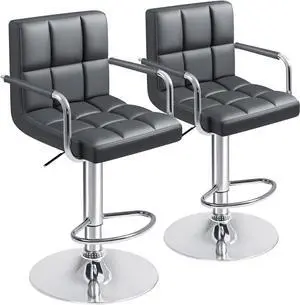 Furmax Bar Stools with Armrest Modern PU Leather Swivel Adjustable Hydraulic Bar Stool X-Large Base and Seat Square Counter Height Stool Set of 2 (Gray)