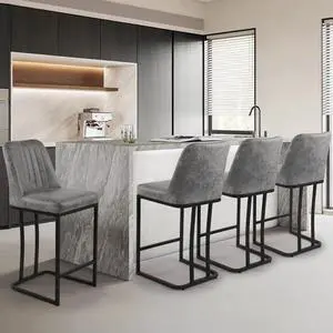 LSSPAID 24.8 inch Bar Stools Set of 4, Upholstered Fabric Counter Height Barstools, Modern Kitchen Island Chairs with Footrest and Black Metal Legs, Grey