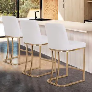 ALPHA HOME 24 Bar Stool Retro Design of Bar Stool Modern PU Leather Bar Chair Counter Height Chair with Backrest Coffee Shop Kitchen Dining Room Cushion Bar Chair,White,3PCS.