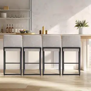 Light Grey Counter Height Bar Stools Set of 4 for Kitchen Counter 24 Inch Faux Leather Upholstered Barstools with Back Modern Farmhouse Bar Chairs Island Stools Support 330LBS, Light Grey