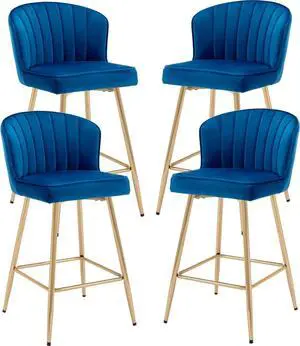 Modern Counter Height Bar Stools Set of 4 Velvet Bar Stools with Gold Legs/Shell Back, Upholstered Counter Stools 26'' Barstools Bar Chairs for Kitchen Island/Home Bar/Pub, Navy Blue