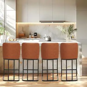 ALPHA HOME 24 Bar Stool Retro Design of Bar Stool Matte Leather Bar Chair Brown Metal Frame with Backrest Coffee Shop Kitchen Dining Room Cushion Bar Chair,Brown,4PC.