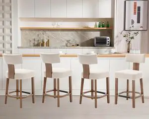 26 Bar Stools Set of 4 Counter Height Bar Stools, Modern Kitchen Bar Stools with Back and Wood Legs, Farmhouse Upholstered Island Stools Countertop Bar Chairs, Beige