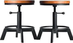 Set of 2 Industrial Bar Stools Short Stool Swivel Wooden Seat Kitchen Island Chairs Counter Height Adjustable 15.2-21inch