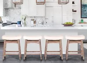 ALPHA HOME Bar Stools Set of 4, Solid Wood Saddle Kitchen Stools with Beige Linen Fabric Cushion Counter Height Barstools with Vintage Farm Wooden Base for Kitchen Dining Cafe, 24 Inch, Beige, 4PCS