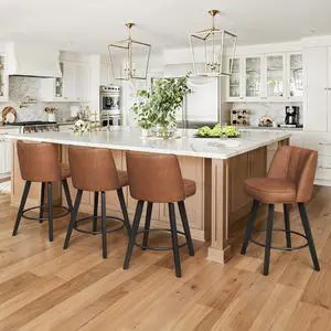 LUE BONA 360-degree Swivel Bar Stools Set of 3, 26" Counter Height Bar Stools with High Back and Wood Legs, Morden Faux Leather Upholstered Barstools for Kitchen Counter