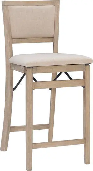 Linon Keira Natural Rustic Wooden Folding Counter Stool with Beige Upholstered Seat and Back