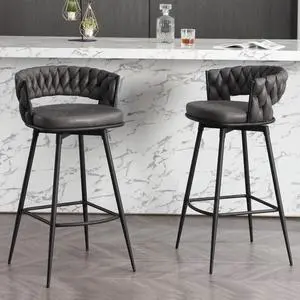 BFZ Modern Bar Stools Set of 2, 30" Bar Height Barstools, 180° Swivel Suede Fabric Stool Chairs with Woven Back and Footrest for Kitchen Island, Cafe, Pub, Bar Counter