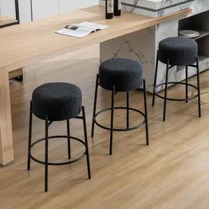 Modern Backless Bar Stools Set of 3, 27 Boucle Swivel Barstools with Round Padded Seat, Counter Stools with Metal Legs, Counter Height Stools for Kitchen Island, Black