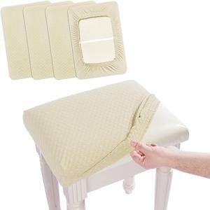 BUYUE 4 pcs Vanity Stool Bench Covers, Luxury Crease-Resistant Jacquard Fabric Saddle Bar Stool Slipcovers Stretch Washable, (Rectangle, 4 Counts, Beige)