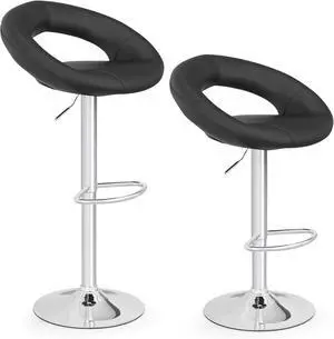 COSTWAY Height Adjustable Bar Stools Set of 2, Swivel Counter Stools w/Hollow Back & Footrest, Heavy-Duty Metal Frame Upholstered Pub Stools, Swivel Breakfast Chairs for Bar, Kitchen, Black