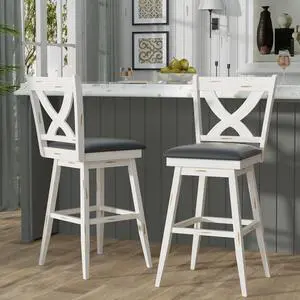 29" Swivel Bar Height Stools, High Back Swivel Bar Stools with Grey Faux Leather Upholstered Seat & Solid Wood Footrest, Counter Bar Chairs for Kitchen Island & Pub (Antique White, Set of 2)