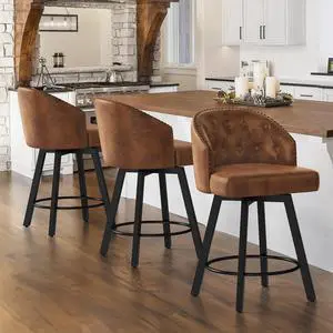Counter Height Bar Stools Set of 3, 26" Swivel Faux Leather Upholstered Bar Stools with Backs and Metal Legs, Retro Counter Stools for Kitchen Island, Dining Room, Pub, Brown Counter Height Bar Stools Set of 3, 26" Swivel Faux Leather Upholstered Bar Stools with Backs and Metal Legs, Retro Counter Stools for Kitchen Island, Dining Room, Pub, Brown