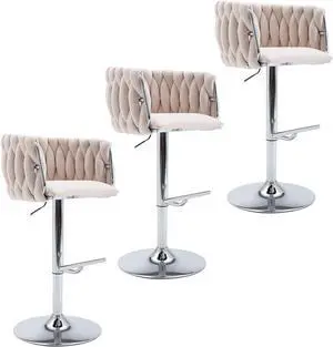 HEAH-YO Swivel Bar Stools Set of 3, Adjustable Counter Height Bar Stools with Woven Backs and Stable Silver Base, Linen Kitchen Stools for Island, Beige