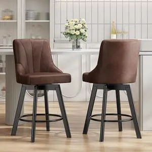 Swivel Bar Stools with Backs, 24" Counter Height Bar Stools Set of 2, Leather Upholstered Counter Bar Stools with Solid Wood Legs for Kitchen Island, Home Bar, Brown