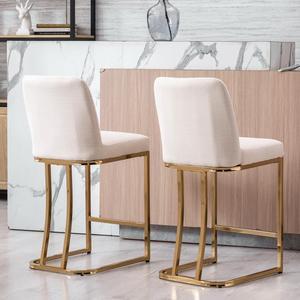 Modern Gold Counter Height Bar Stools Set of 2 Linen Counter Stools with Gold Legs, 24" Barstools Island Chairs Upholstered Kitchen Bar Chairs with Back for Pub Kitchen Island, Cream