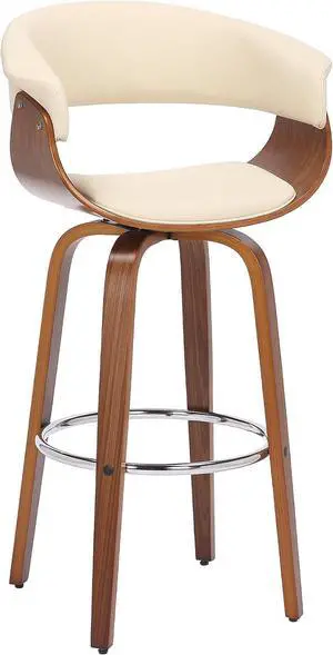 Armen Living Julyssa Mid Century Modern Swivel Bar Stool for Kitchen Island Counter in Cream Faux Leather and Walnut Wood, 26" Seat Height