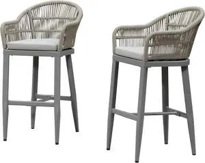 PURPLE LEAF Outdoor Bar Height Stools Set of 2 Patio Metal Modern Wicker Rattan Bar Chairs Woven Aluminum Barstools with Back and Cushions for Balcony Garden Indoor Kitchen Outside Light Gray