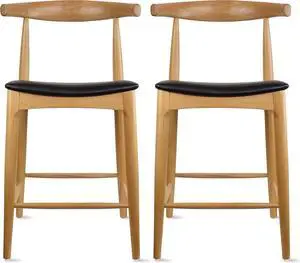 2xhome Solid Wood Farmhouse 25" Counter Stools with PU Leather Cushion Seat, Modern Accent Dining Elbow Chair Barstool (Natural Set of 2)