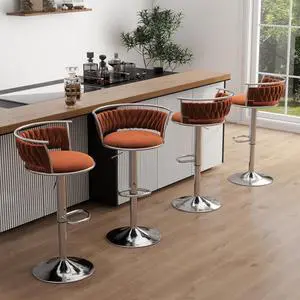 UIXE 360° Swivel Bar Stools Set of 4, Modern Adjustable Counter Height Velvet Bar Chair Silver Metal Stool, Comfy Kitchen Island Dining Chairs with Woven Back & Footrest for Cafe Pub (Orange)