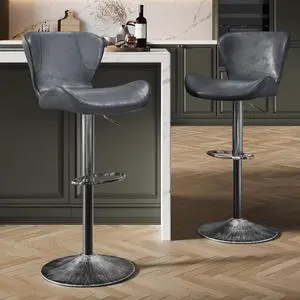 Keyluv Bar Stools Set of 2 Adjustable Swivel Counter Height Barstools Bar Chairs with Backrest and Metal Frame Modern Faux Leather Barstool Chairs for Kitchen Bistro Pub, Retro Black